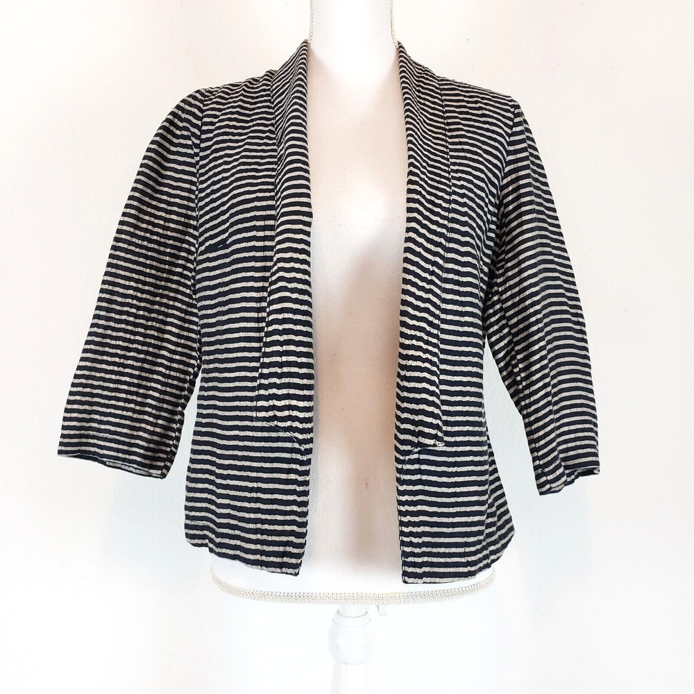 Ann Taylor Loft SIZE 0 Linen Blend Cardigan Open Front Lightweight Black Cream
